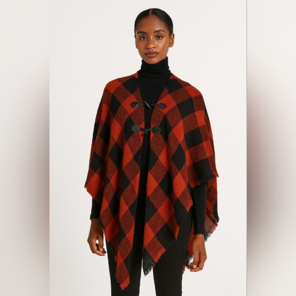 Buffalo Plaid Shawl Scarf Red Black S/M